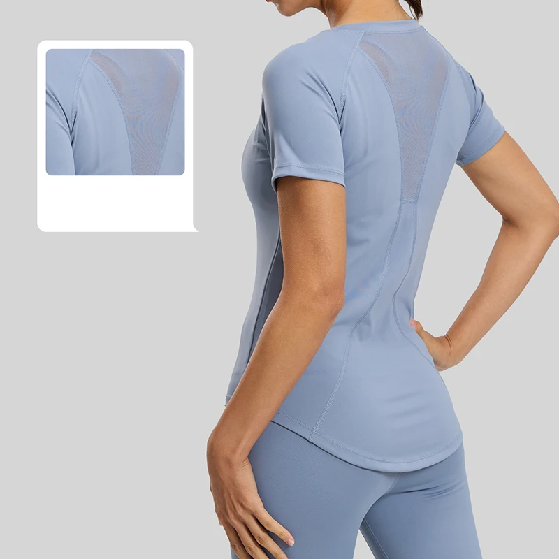 Summer Fashion Mesh Panel Yoga Short Sleeve Top Quick Dry Breathable Sports Top Comfortable Soft Workout T-shirt for Running