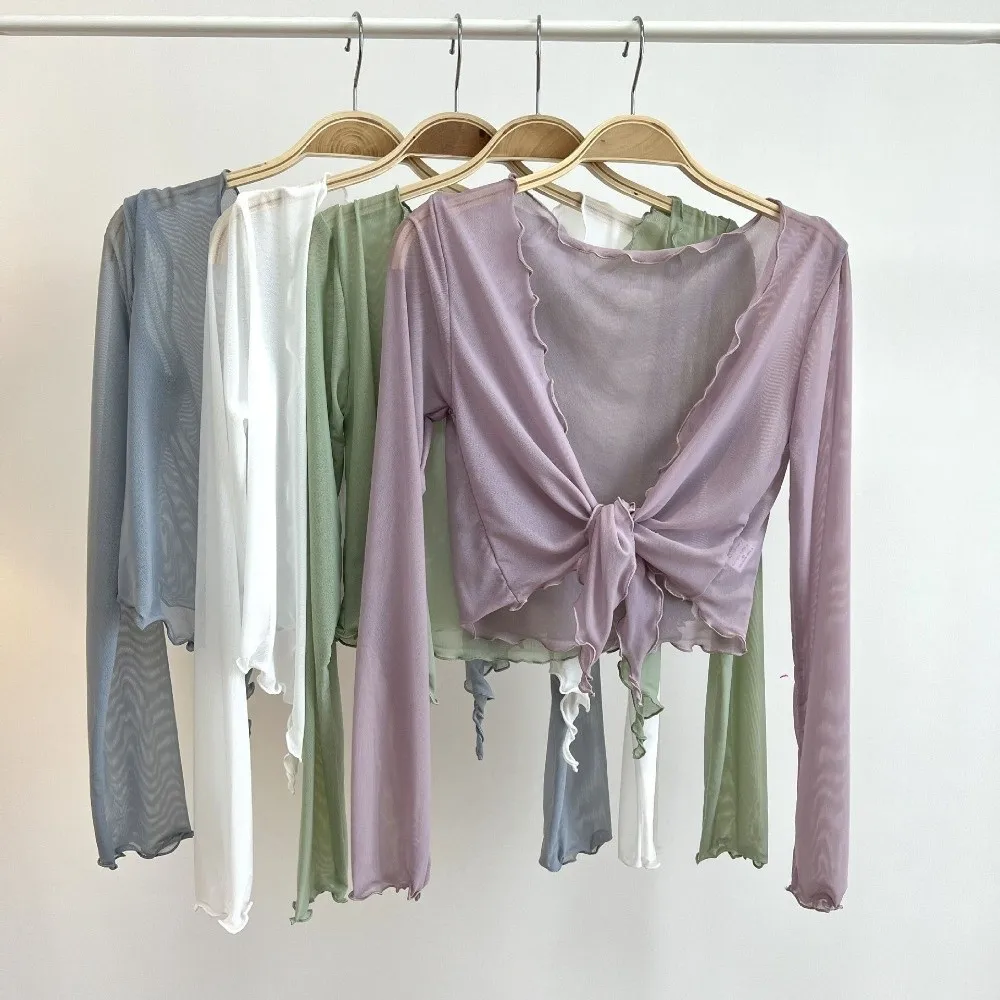 Chaquetas Delgadas Estilo Coreano con Protección Solar, Cardigan de Encaje con Borde de Volantes, Cardigan Corto de Color Puro para Práctica de Danza