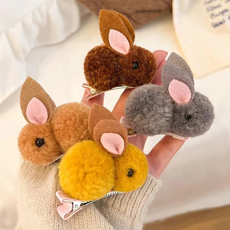 Newest 3D Bunny Hair Clip Hair Ball Plush Barrette Cute Hair Accessories For Women Girls Faux Fur Pom Pom Rabbit Hairpins Winter