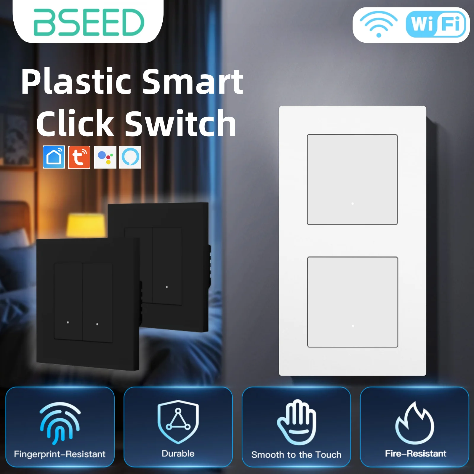 

BSEED WIFI Click Switches Wall Smart Click Light Plastic Switches Yellow Backlight Plastic Frame EU Standard Tuya APP Switch
