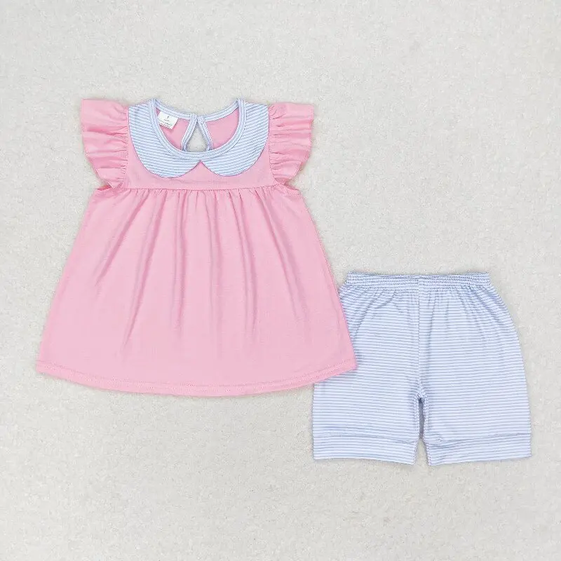 New rts infant girls summer suit wholesale boutique blue striped doll collar pink flying sleeve shorts set GSSO1064