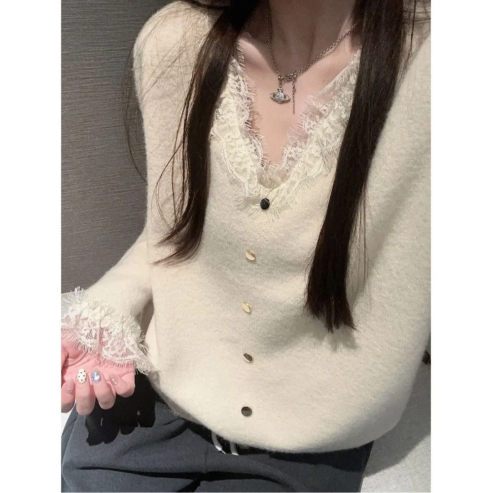 

Женский длинный вязаный свитер V-Ne с кружевной отделкой, мягкий базовый слой, irt, осенняя коллекция Faion китайского бренда