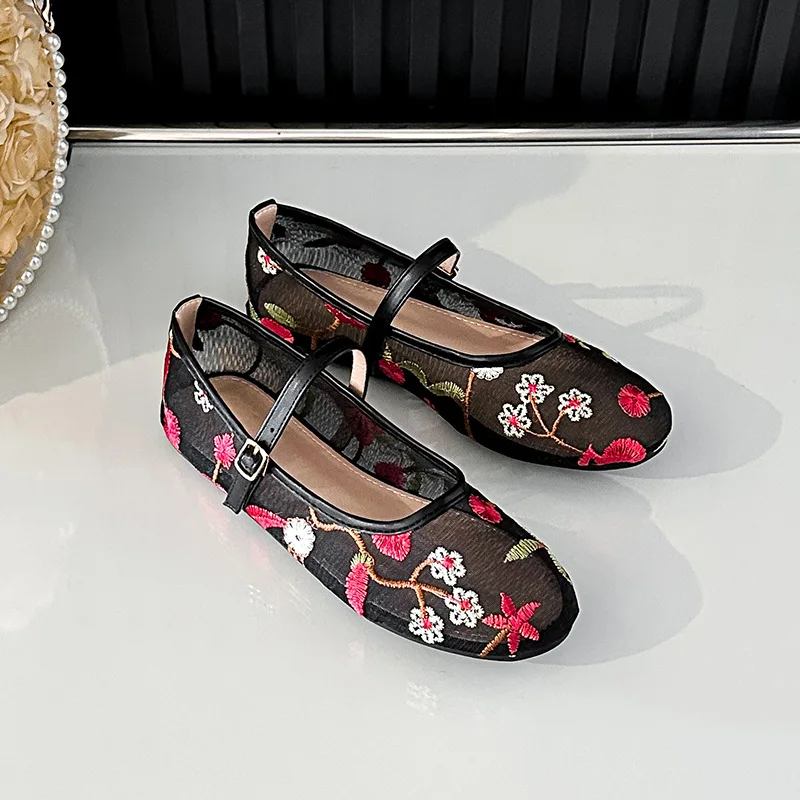 

Mesh Hollow Out BrMesh Embroidery Breathable One-strap Mary Jane Shoes French Hollow-out Round Toe Flat Sandals for Women