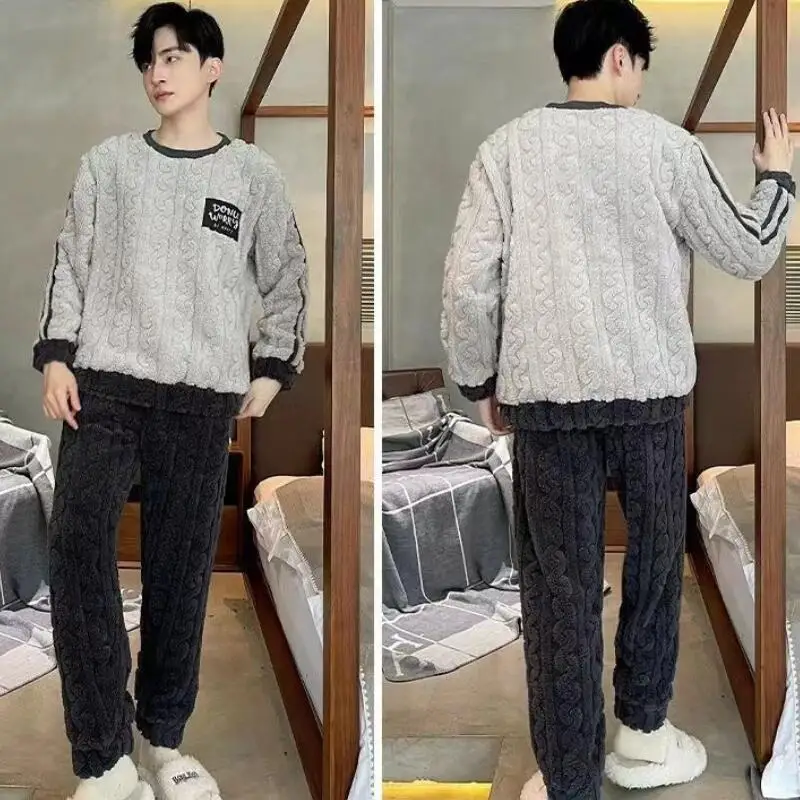 

Man Winter Clothing Pajamas Men Clothing Flannel Autumn Sportswear Y2K Youth Casual Wear Bath Clothes 2Pcs/set Homewear Thicken