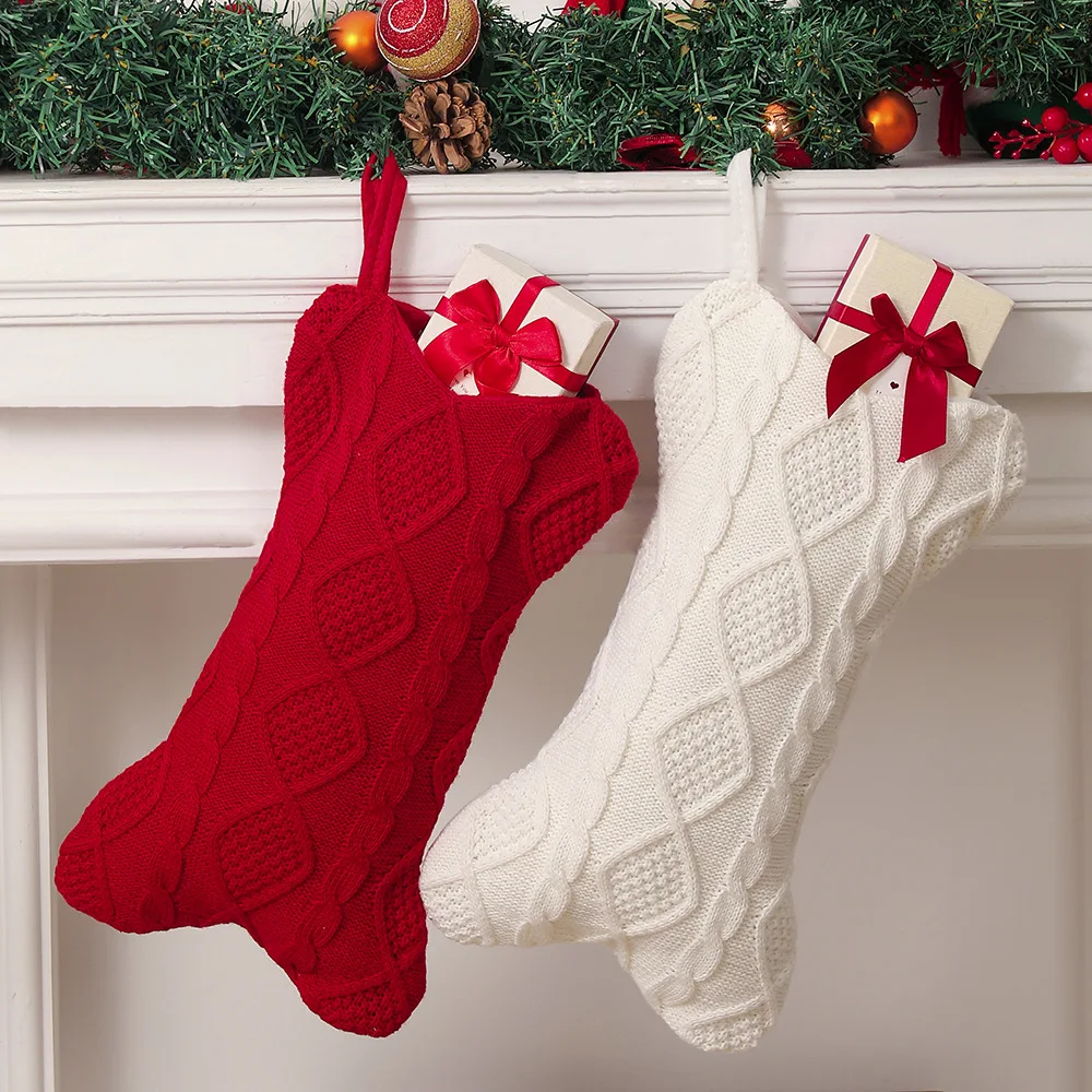 Cute Knit Christmas Stocking Bone Shape Dog Stocking Hanging Christmas Tree Decorat Gift Bag for Home Festive Holiday Decor 1PC - Image 3