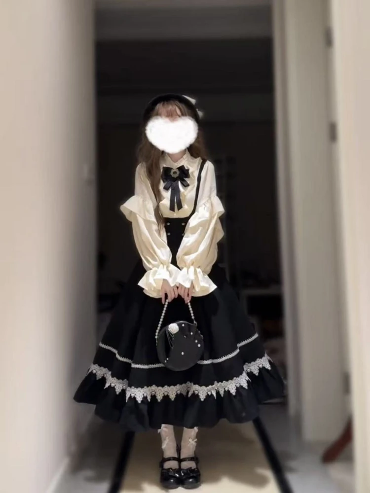 2026 New Vintage Gothic Slim Fit Lolita Elegant Design Sense Long Sleeve Shirt +Autumn Winter Kawaii Shoulder Strap Dresses Sets