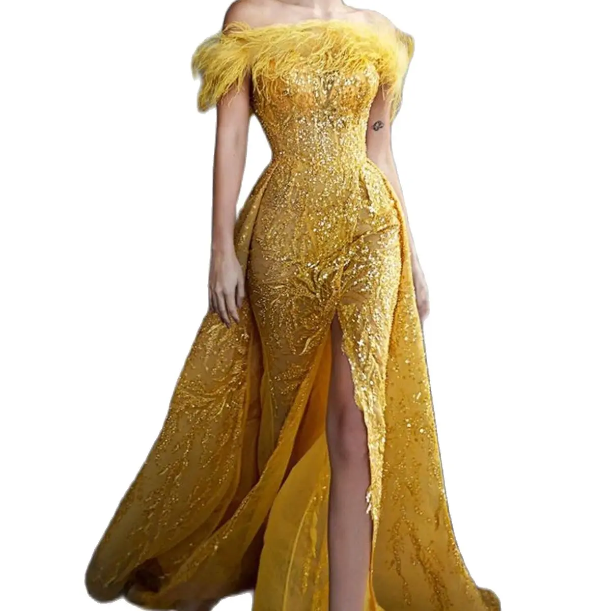 Abiti celebrità personalizzati abiti per occasioni speciali abito da sera giallo in pizzo con paillettes e piume monospalla 2023 Vestido Fiesta