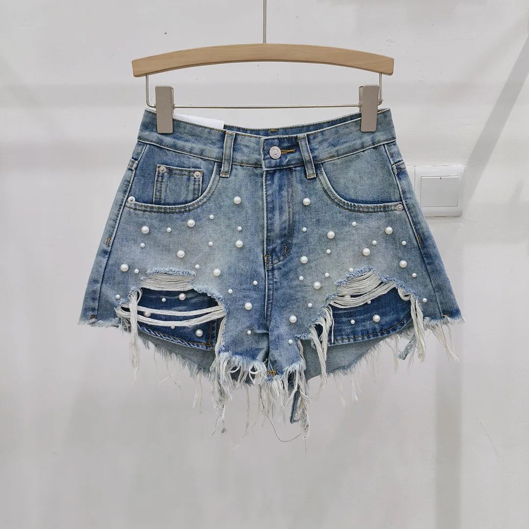 Sexy Beaded Denim Shorts Women Destroyed Ripped Jeans Distressed Ladies Pearls Hot Pants Tassel High Waist Streetwear Summer