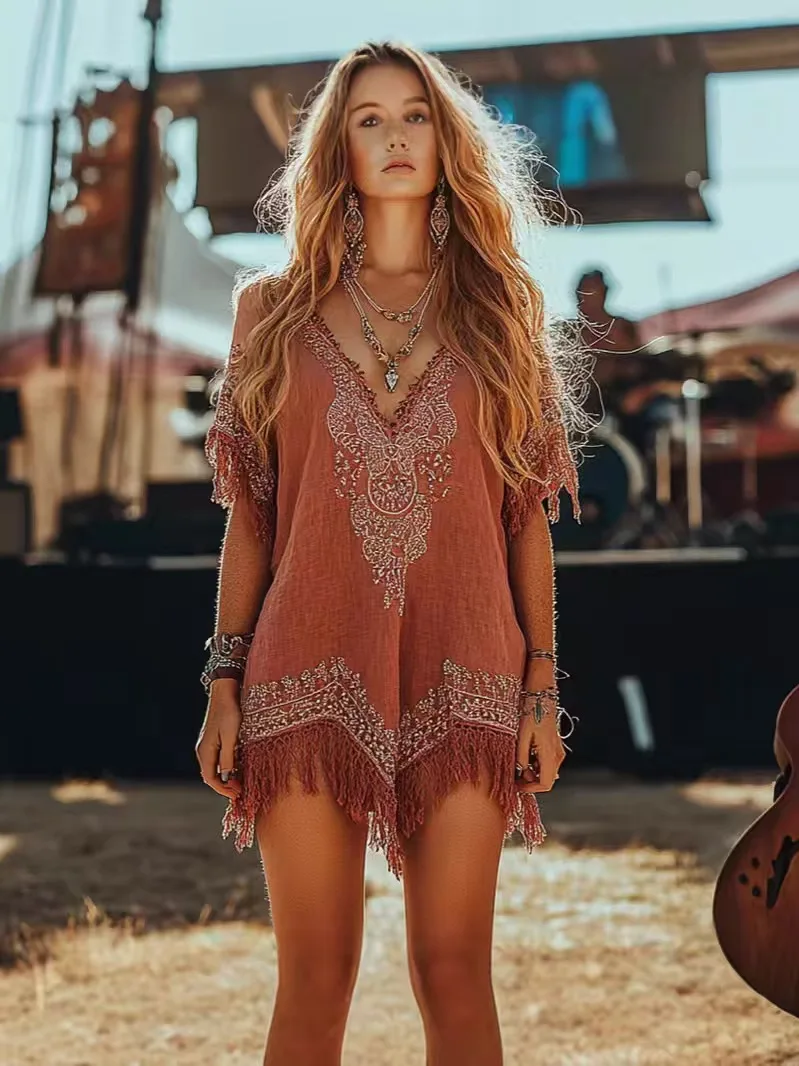 Summer Fashion Printed Tassel Ethnic Retro Mini Dresses Vintage Women Sexy Deep V  Bohemian Holiday Dress For Women 2025 New