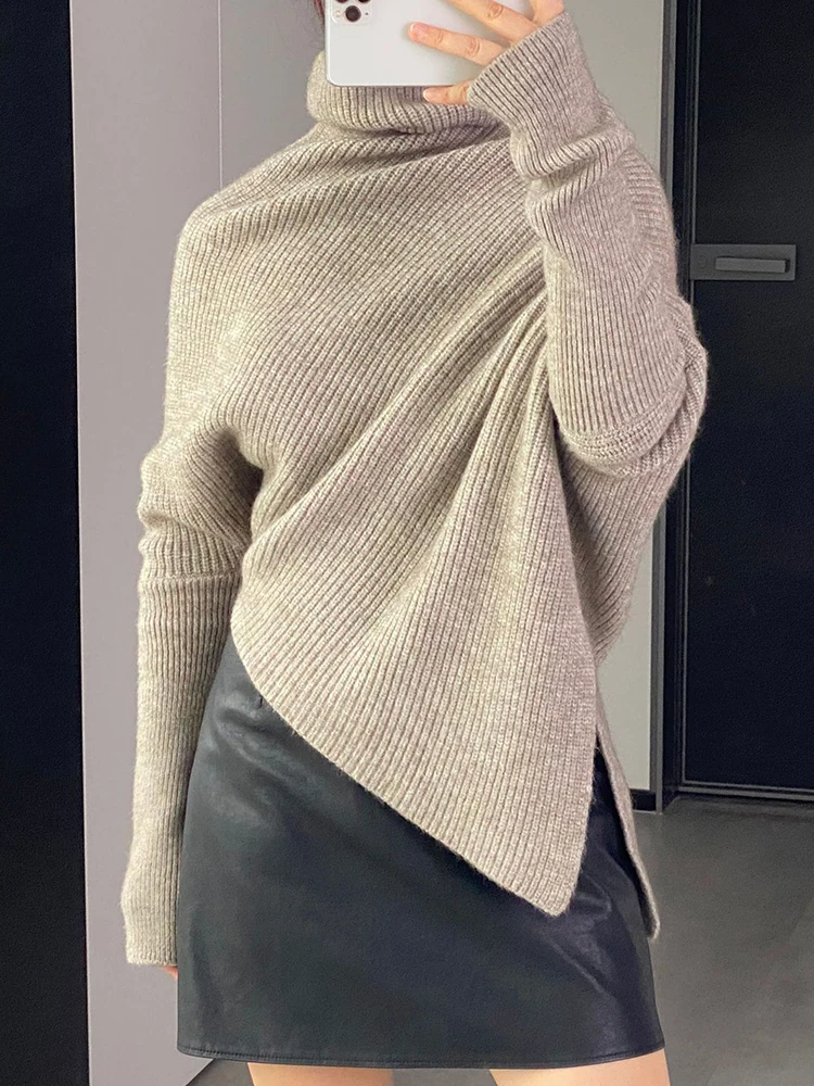 LANMREM Fashion Design Irregular Knitted Sweater Women Turtleneck Split Design Solid Color Pullover Tops 2024 Winter New 2VV429