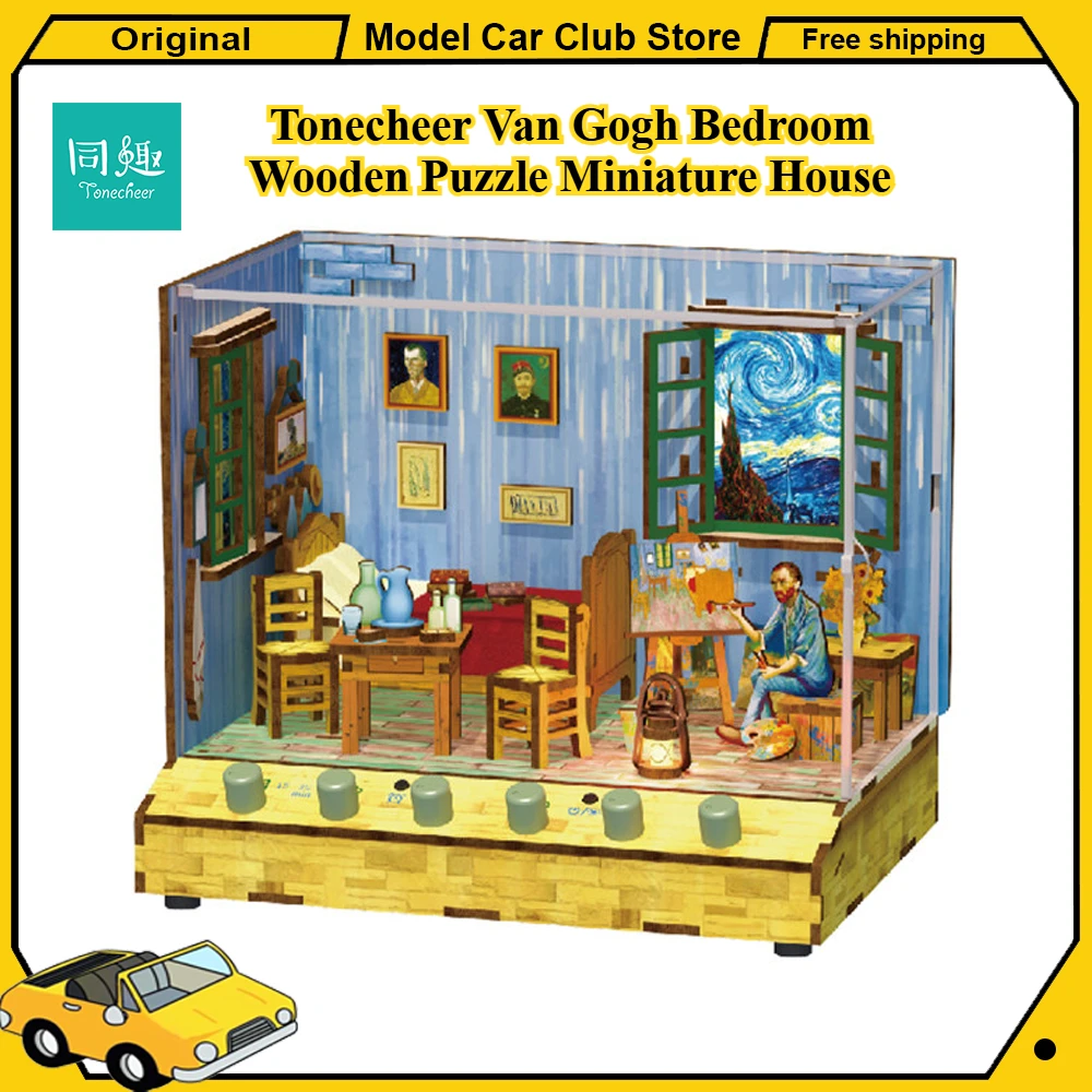 

Tonecheer Van Gogh Bedroom Wooden Puzzle Miniature House Scenario Cottage Diorama Model Kit DIY 3D Decoration Birthday Gift Toys