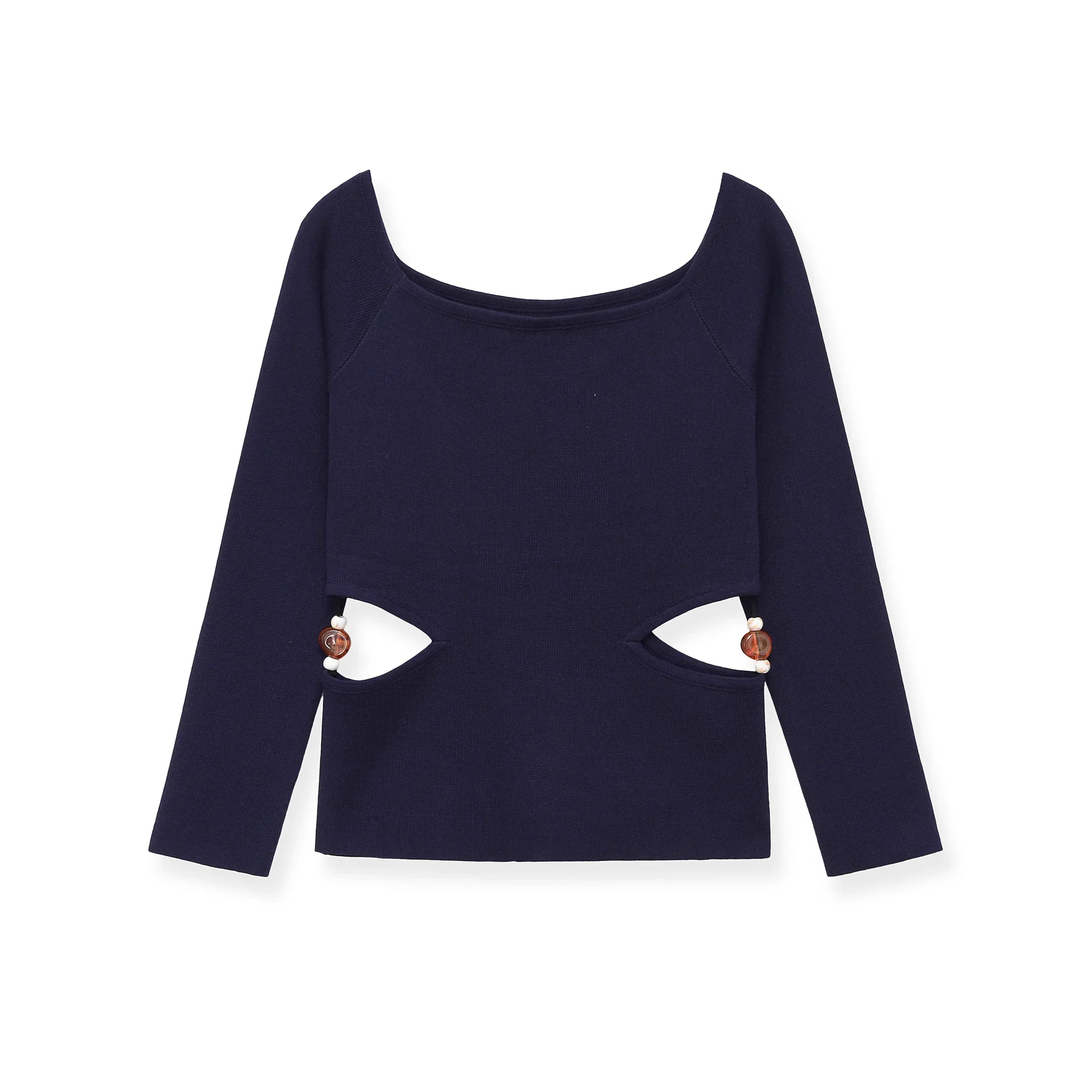 Spring 2026 Women's Knitted Long Sleeve One-Shoulder Hollow Beaded Top New Arrival European Style Fashion Ladies Sweater