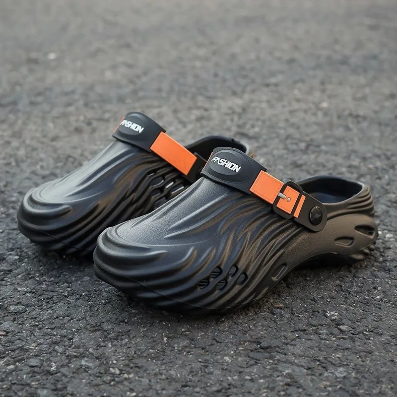 Black trend hole shoes men's outdoor creek shoes wear beach shoes one-word slippers men's bag head drag casual sandals