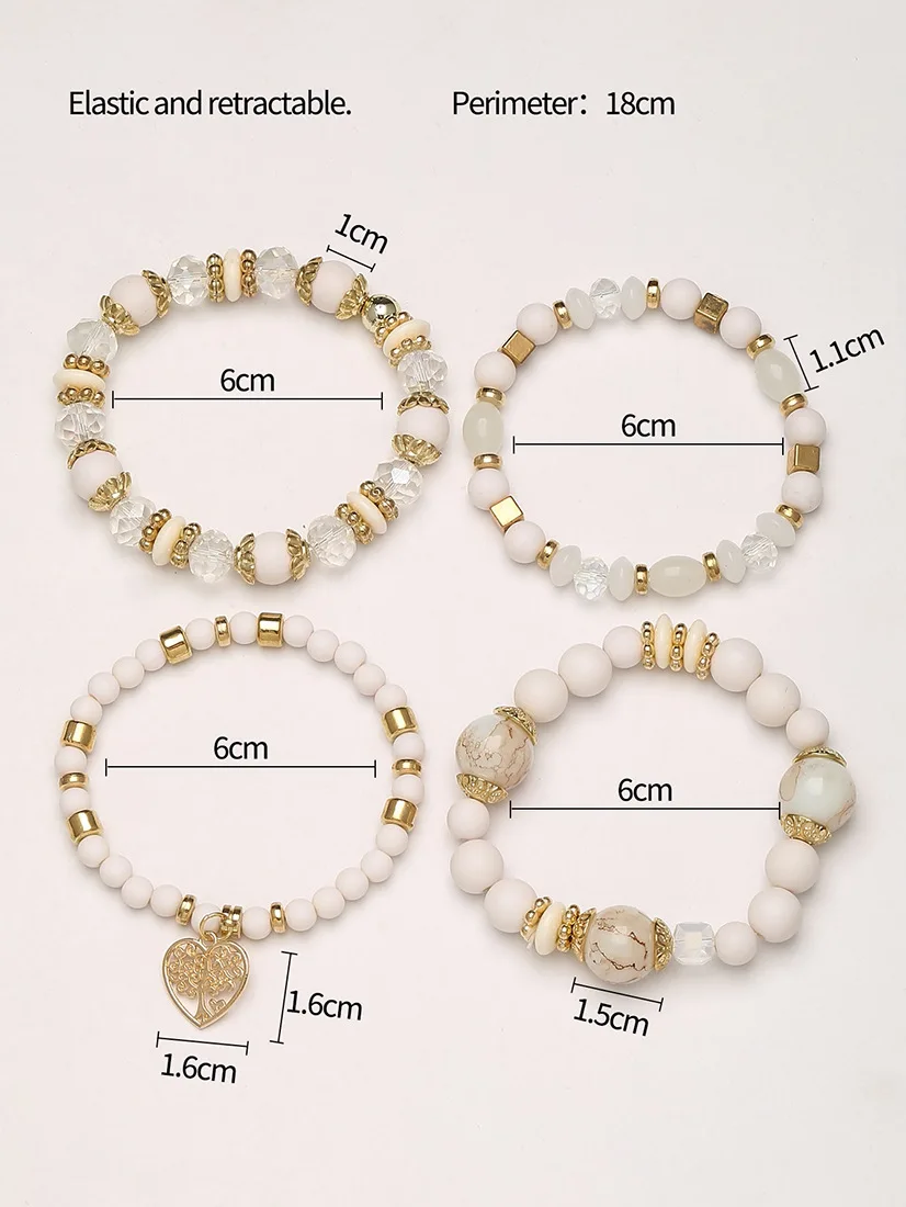 4-teiliges Armband-Set mit Herz- und Lebensbaum-Motiv für Damen, Acryl-Glasperlen, elastische Armkette, modischer Party-Schmuck für Frauen – Detail 1