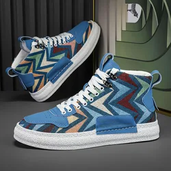 New Designer Print Canvas Shoes for Men 2024 Harajuku Style Blue High Top Sneakers Men Espadrilles Breathable Vulcanized Sneaker