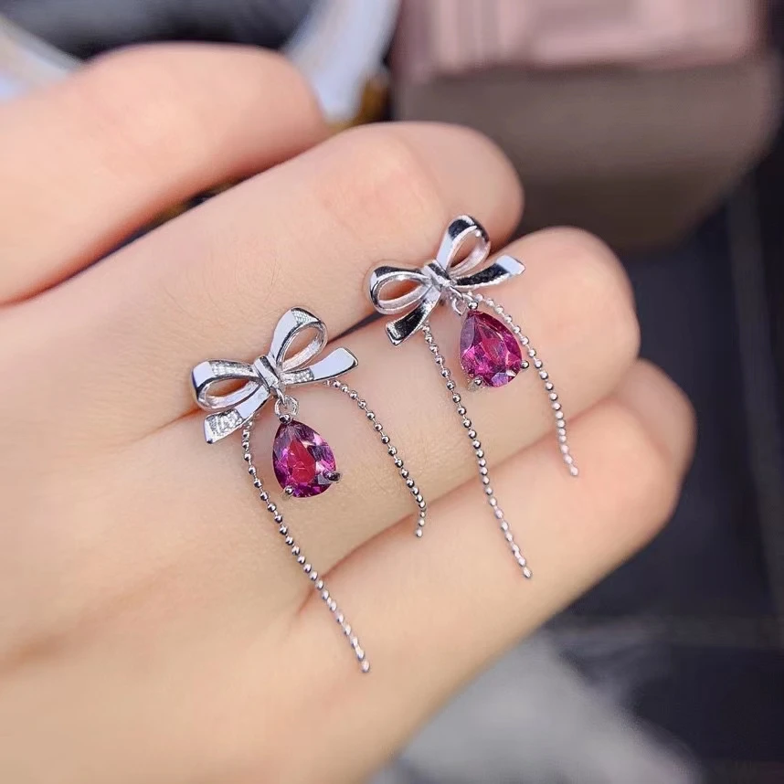 Vintage Fashion Natural Garnet EarDrop 925 Sterling Silver Inlaid Red Gemstone Women's Jewelry Bowknot Earrings Bridal Party Gif