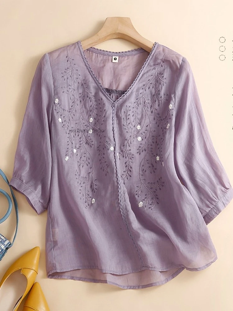 

New Chinese Style Round Collar Mid-sleeve Top Embroidered Tea Art Shirt Women Cotton Linen Vintage Embroidery Purple Blouse