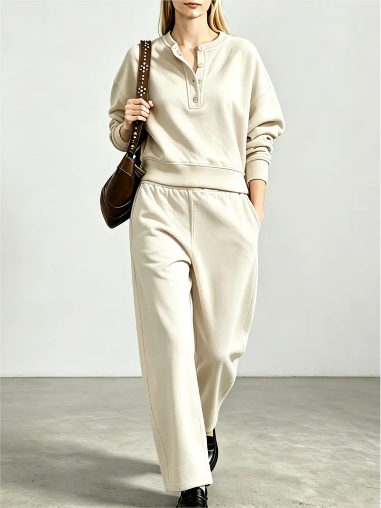Fashionable Solid Color New Sports And Leisure Two-piece Set 2026 Autumn Women's Button Up Collar Sportswear Loose Elastic Pants