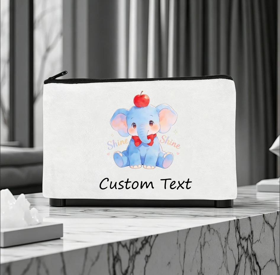 1PC Custom Text Cute Blue Elephant With Red Apple Bow‑tie Cosmetic Bag Personalized Canvas Zipper Storage Pouch