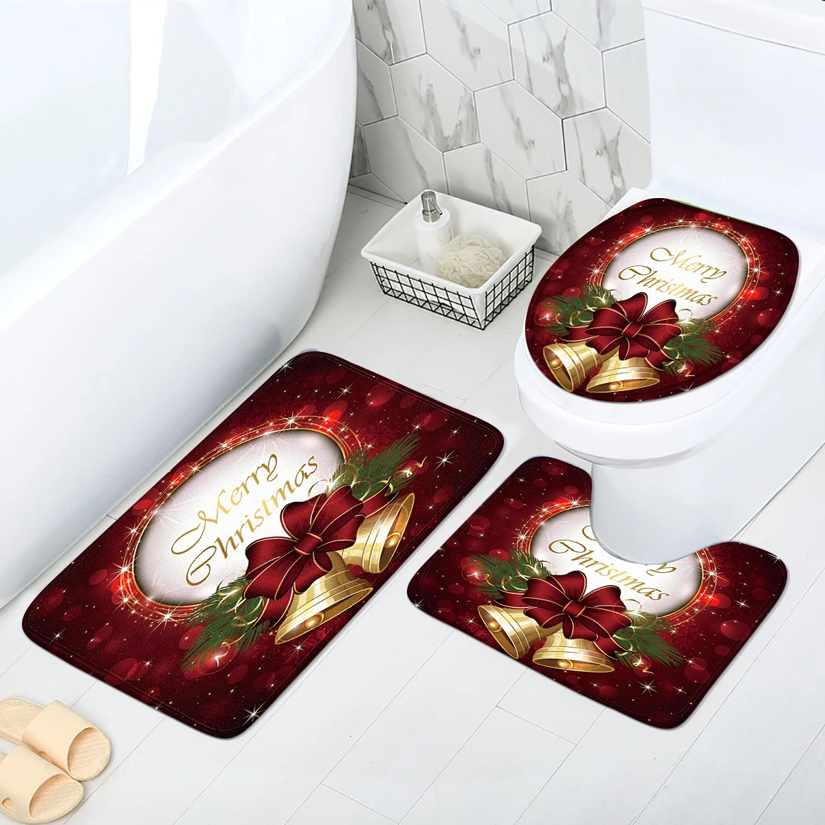 A Christmas bell pattern three piece set carpet can be purchased individually or set together for bathroom carpets