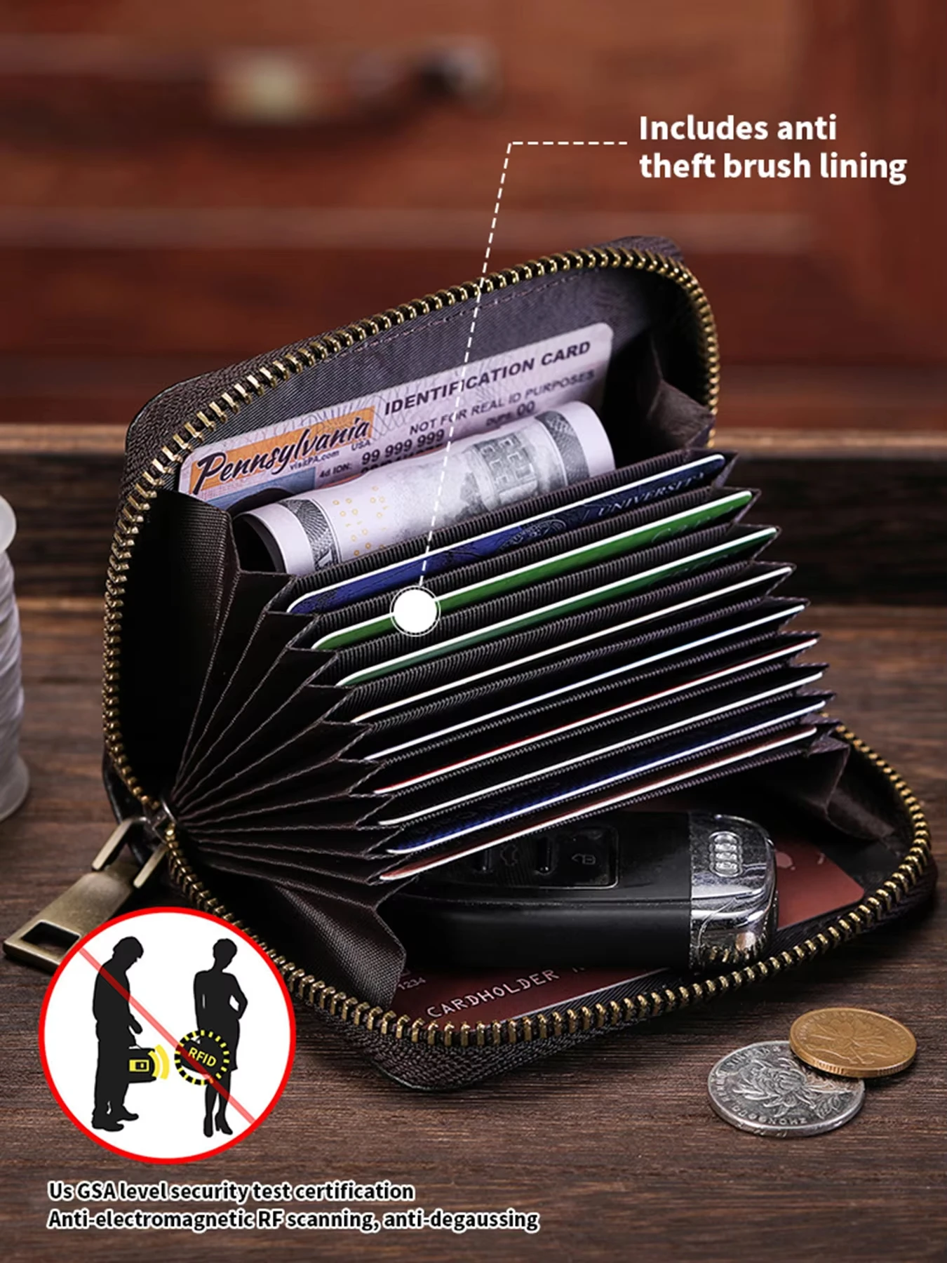 Genuine Leather For Men Zipper Casual Business Credit Card Holder Multifunctional RFID Blocking Coin Purse With 11 Card Slots