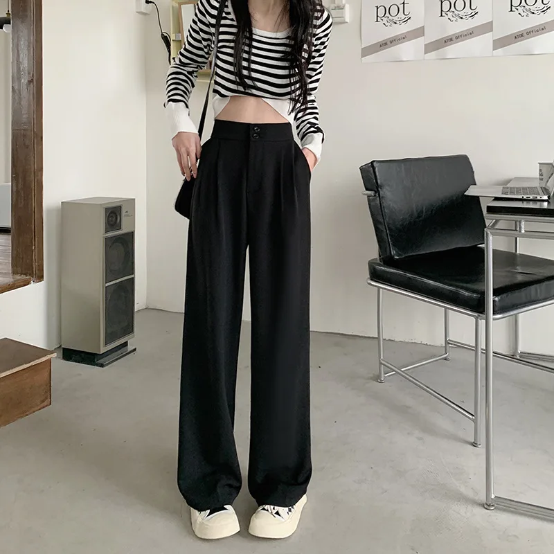 Spring High Waist Asymmetric Women's Loose Casual Pants Long Straight Leg Trousers Comfortable Polyester Fiber Ladies Faion