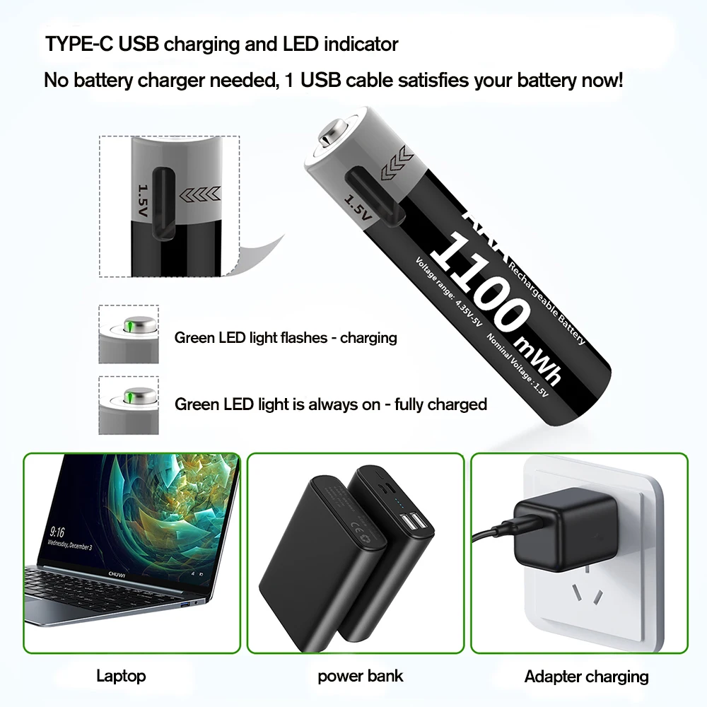 MATOV USB Li-ion AAA Rechargeable Battery Aaa 1.5V 1100mWh Lithium Batteries with 4-in-1 USB Cable for Toys Camera Flashlight