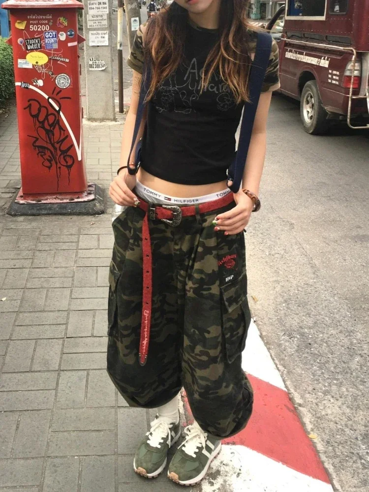 HOUZHOU Camouflage Denim Shorts Women Harajuku Vintage Punk High Waist Shorts Y2K Wide Leg Baggy Casual Jeans Shorts Streetwear