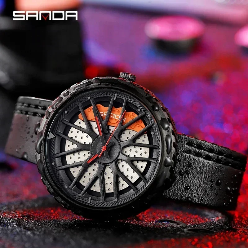 SANDA P1042 Watches Rim Hub Wheel Wristwatches Male Clock Sport Car Custom Design Creative WristWatch Relogio Masculino