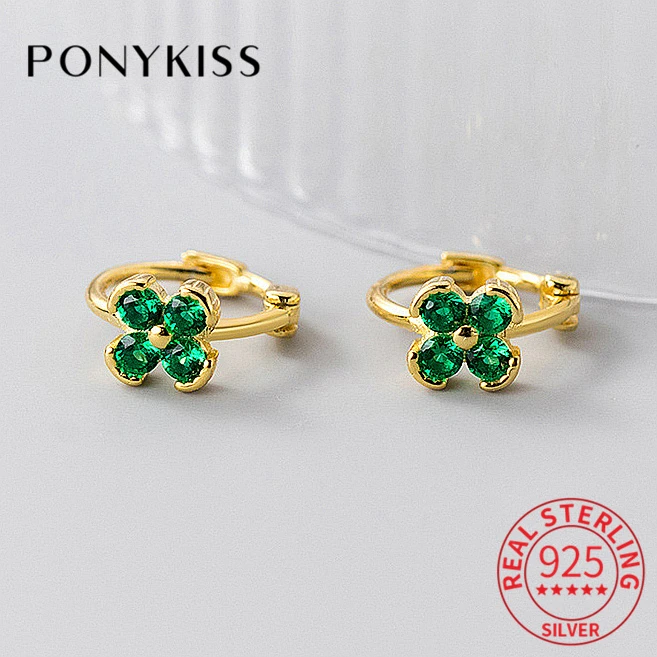 

PONYKISS Real 925 Sterling Silver Colorful Zircon Clover 18K Gold Huggies Hoop Earrings For Women Geometric Fine Jewelry Bijoux
