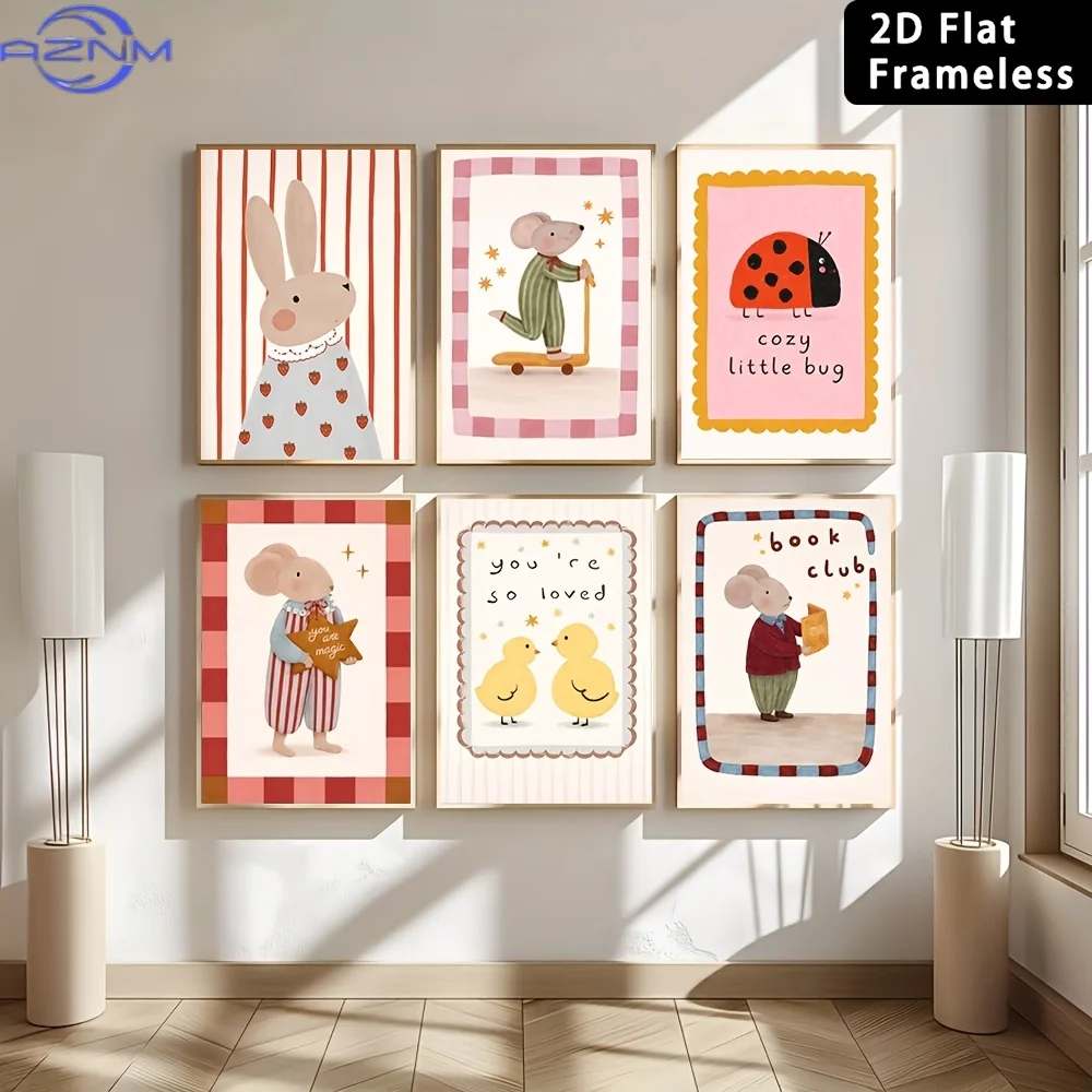 6pcs Frameless Cute Cartoon Animal Canvas Posters - Room Art And Nursery Wall Decoration (Including Mouse, Rabbit, Chick, Insect