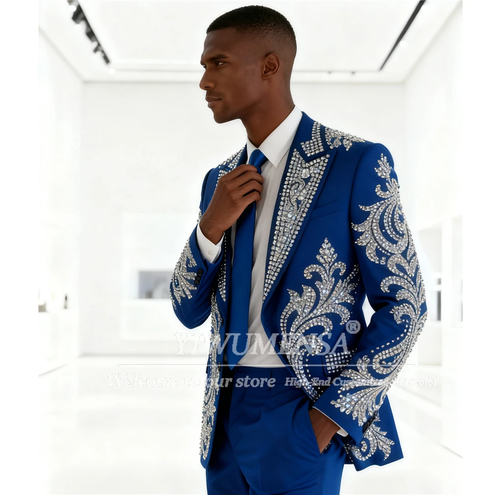 

Metallic Jewelry Stones Ornament Suits Men 2 Piece Set Single Breasted Jacket Trousers Customized Banquet Man Wedding Tuxedos