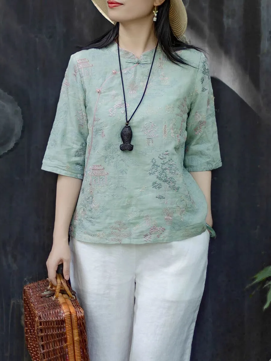 

New Chinese Style Embroidered Shirt Women's Summer Elegant Heavy Work Sleeveless Top round Neckline Loose Fit Commute Fashion