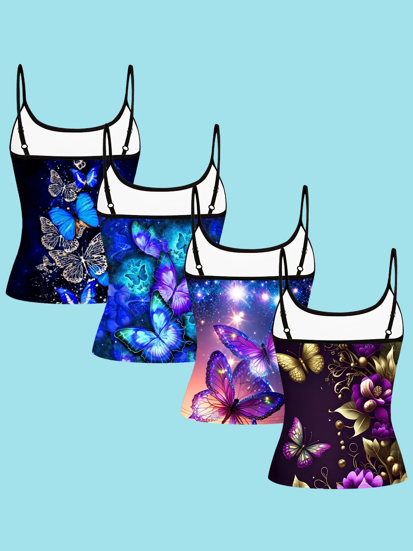 4-Piece Set of Women's Spaghetti Strap Camisoles with Dreamy Starry Sky, Butterfly, and Purple Floral Art Print, Black Sleeveless Tops, Slim Fit Outerwear and Inner Layering Shirts