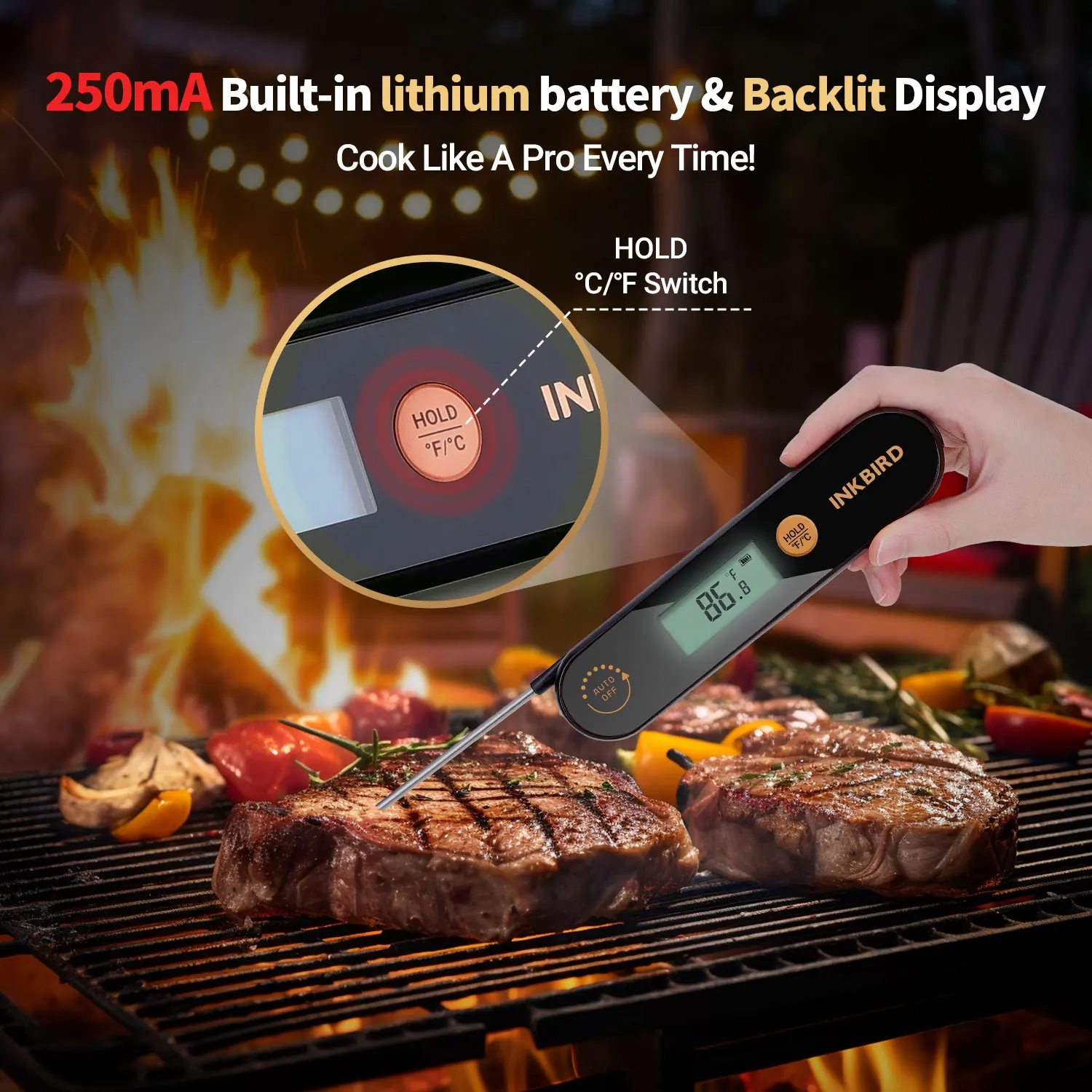 Imagem -04 - Inkbird-impermeável Digital Meat Termômetro Luz de Fundo Dobrável Churrasco Cozinha Cozinhar Instant Readin Fit para Grelhar