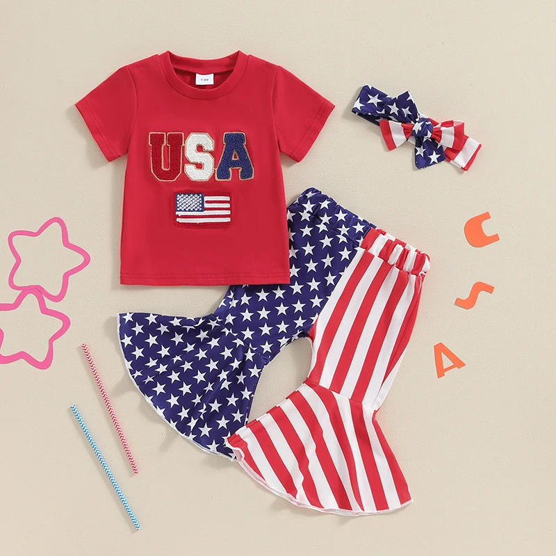 Kids Girls 4th of July Outfits Letter Embroidery Short Sleeve T-Shirt and Star Stripe Flare Pants Headbands Set