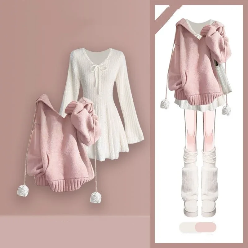 Women's Autumn Winter Sweet Pink Hooded Pompon Sweatshirts Knit Dress Two Piece Suits Lady Loose Tops Mini Dresses Knitwear Sets