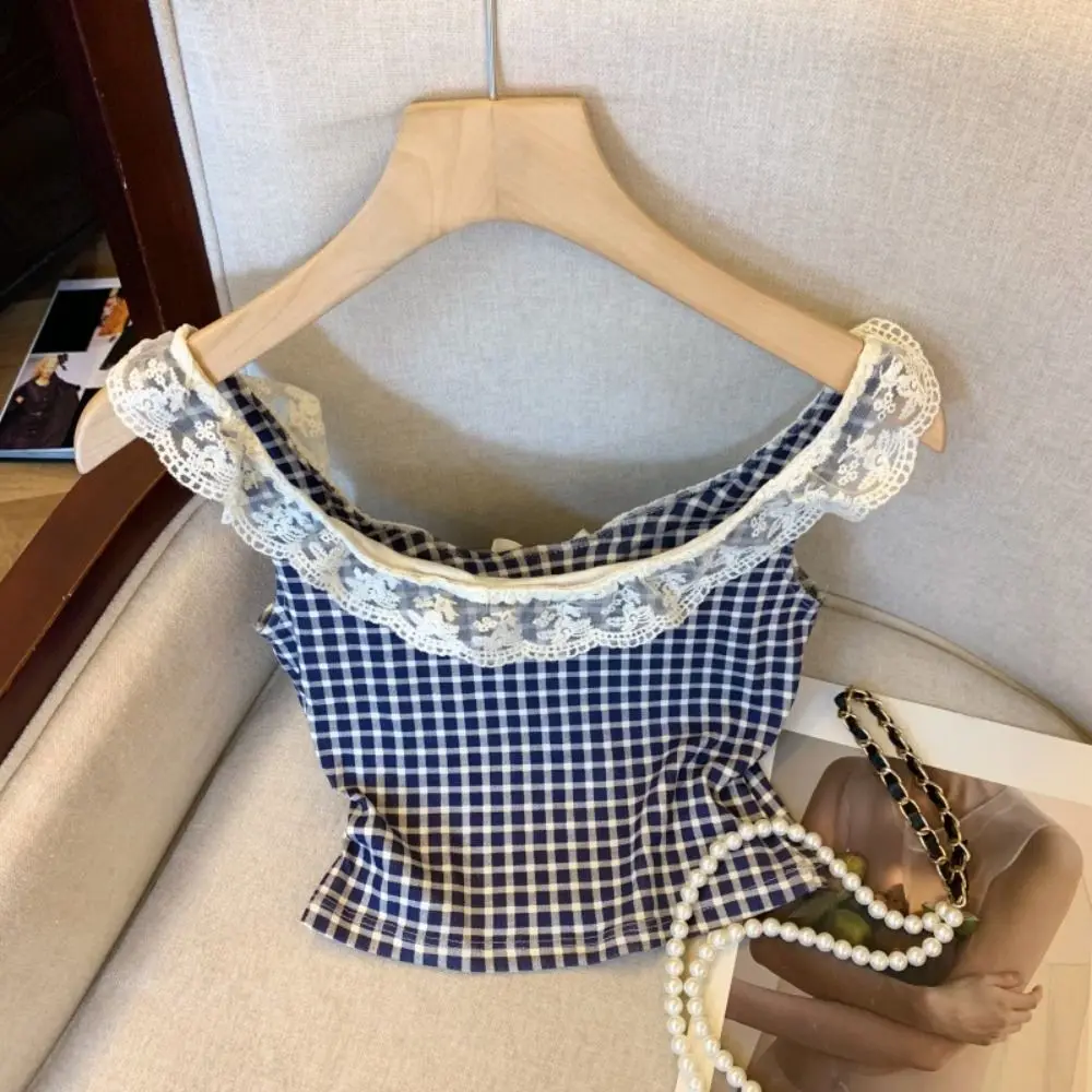 

Лоскутная полоска в сетку Y2k Тонкий укороченный топ Милый кружевной жилет с U-образным вырезом Топ для девочек Рубашка без рукавов с кружевным бантом Лето