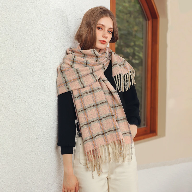 

New faux cashmere plaid tassel scarf, college style, Korean vintage, student cold-proof and warm neck warmer, dual-use shawl
