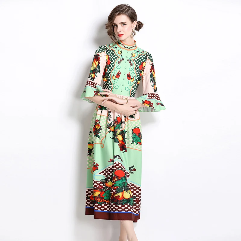 

Summer Designer Runway Robe Maxi Dress Women Stand Collar Bohemian Green Fruit Print Flare Sleeve Buttons Up Long Party Vestidos