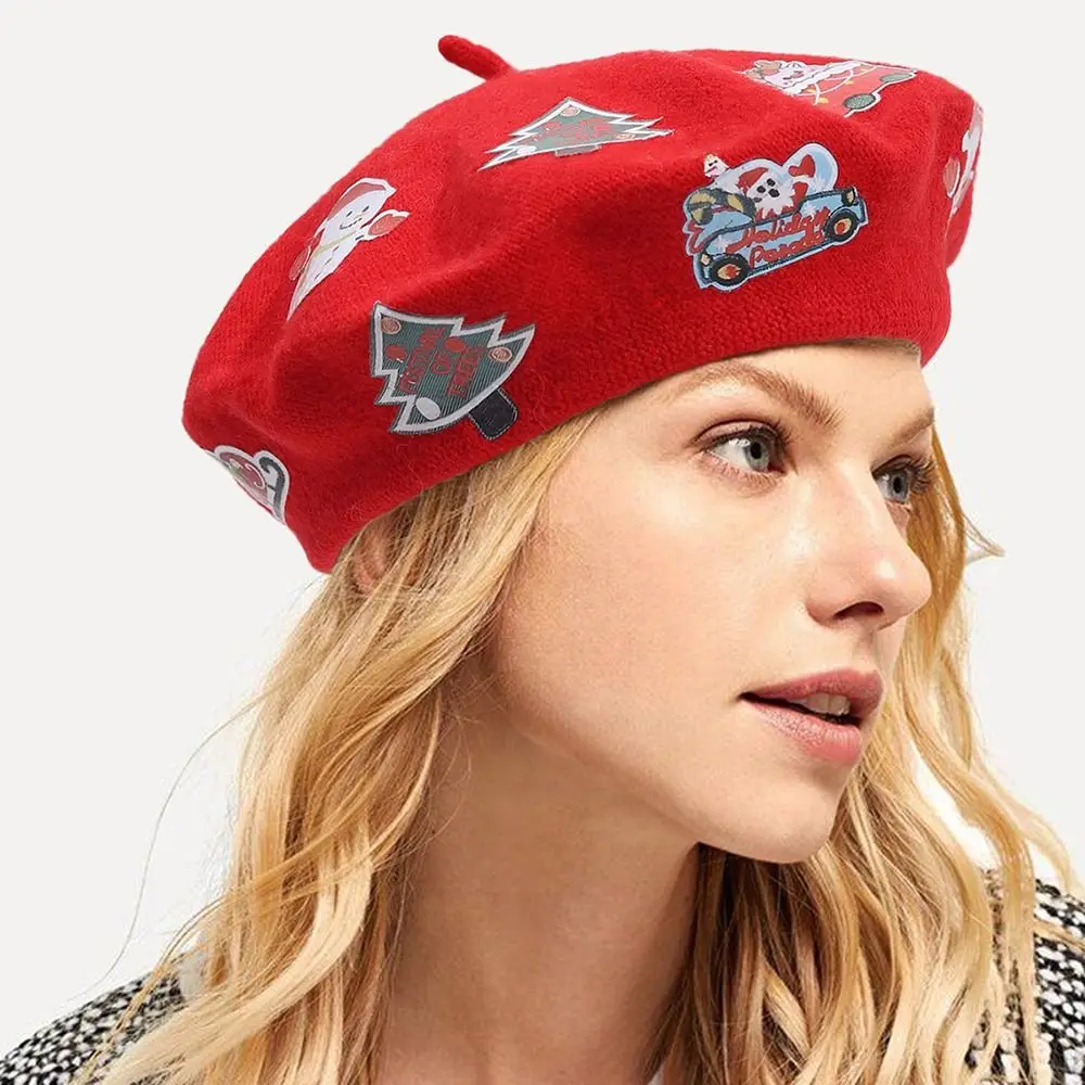 

French Christmas Wool Beret Cap Beanie Baggy Beret Hat Felt Berets Winter Warm Flat Cap Hat for Women Girls