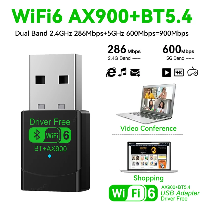 2-in-1 WIFI6 AX900 USB WiFi Bluetooth 5.4 무선 어댑터 듀얼 밴드 2.4G+5GHz 802.11AX 900Mbps WiFi 6 고속 네트워크 카드 수신기 동글 PC 노트북 WIN 10/11 드라이버 무료