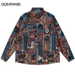 Thick Shirt Coat Y2K Hip Hop Knitted Retro Geometric Patterns Long Sleeve Button Shirts 2023 Vintage Harajuku Fashion Loose Tops