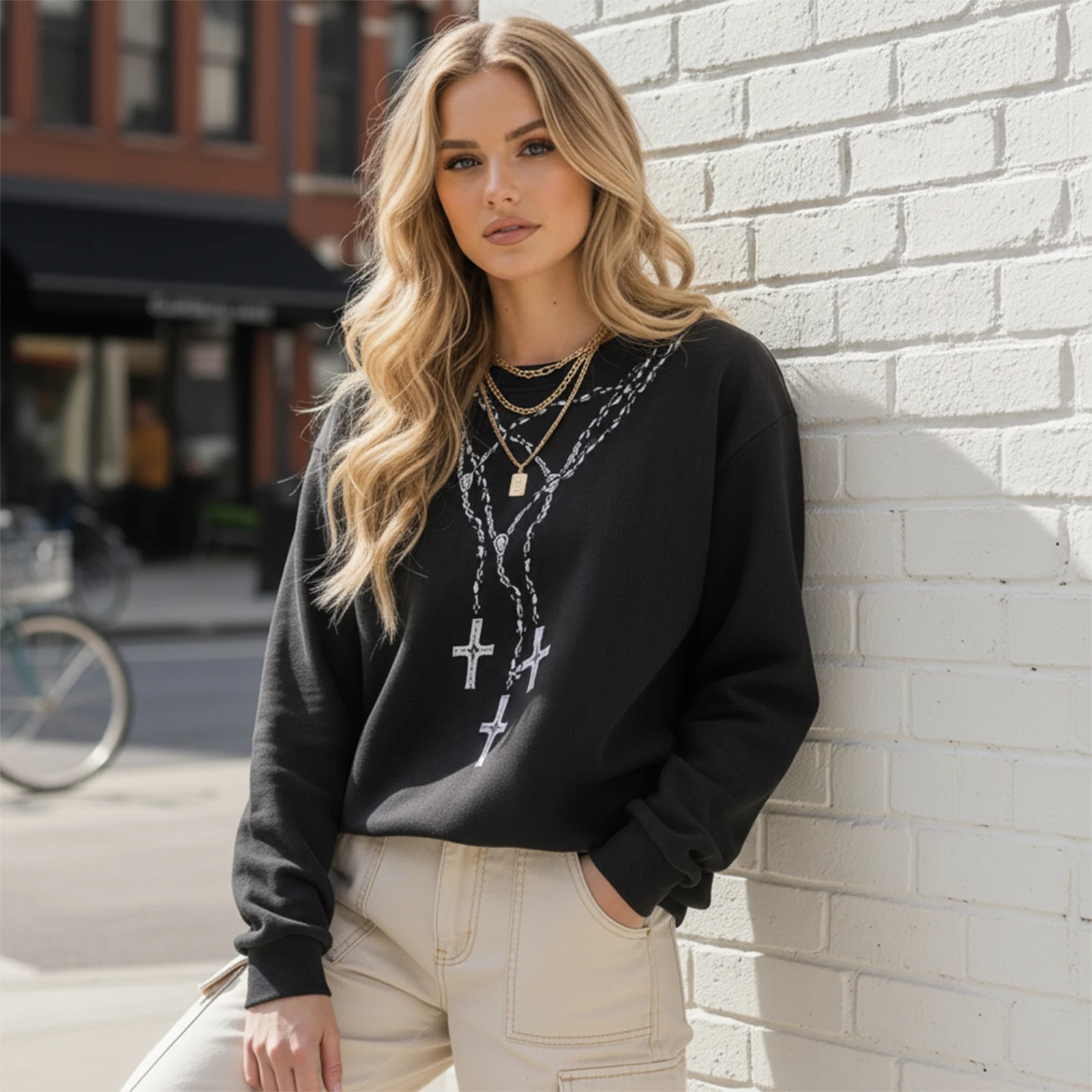 

Women's Cross Printed Sweatshirt Fashionable Casual Round Neck Long Sleeve Loose Gothic Pullover Tops