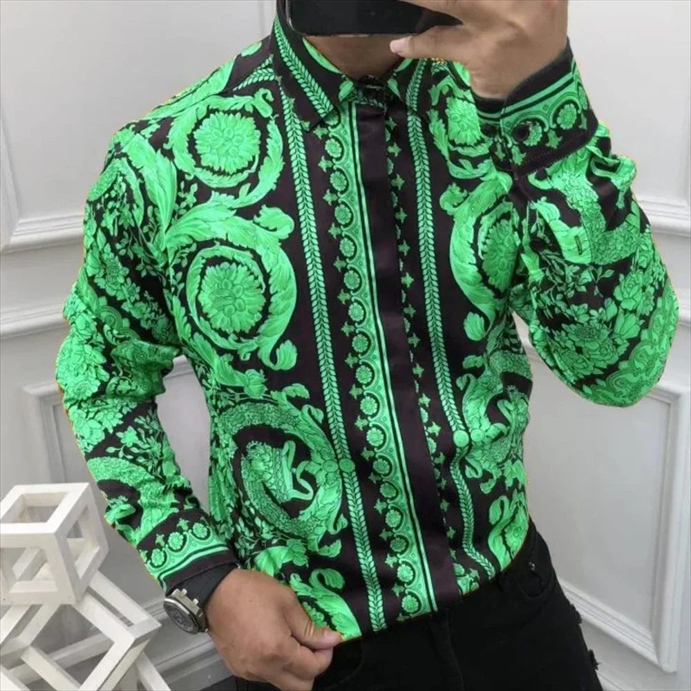 Venda quente 2024 nova camisa de manga comprida masculina com impressão social 3d, moda luxo floral casual street wear, mais si