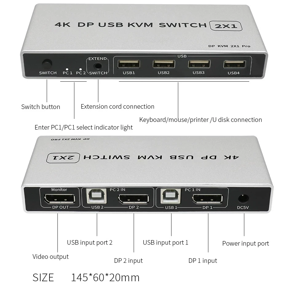 8K Displayport przełącznik KVM 2x1 8K 60Hz DP przełącznik KVM USB przełącznik KVM 2 w 1 wyjście Displayport 1.4 przełącznik KVM DP przełącznik USB