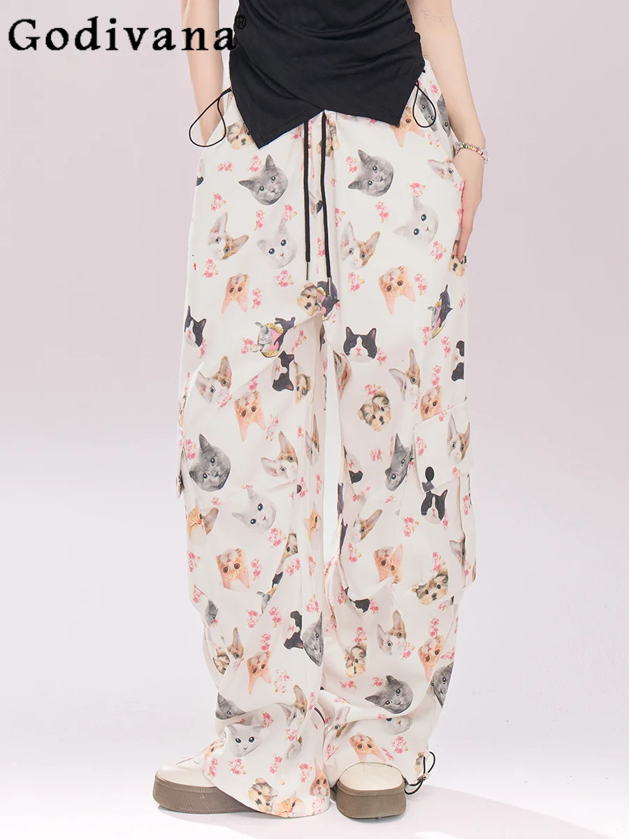 

Summer New Korean Style Fashion Cat Print Cargo Pants Girly Sweet Y2k Loose Slimming Casual Wide-Leg Pants Women elegant Pants