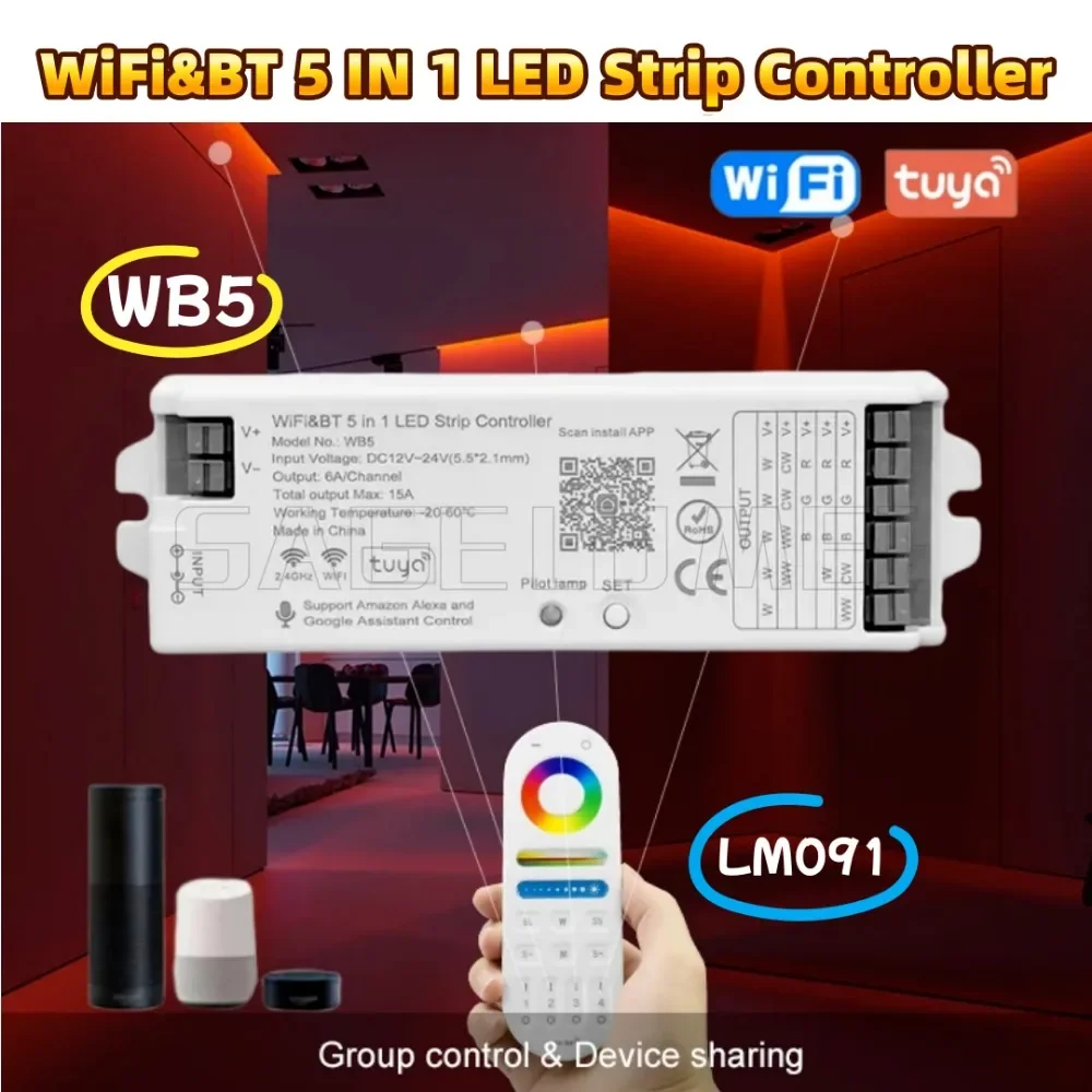 12-24V WB5 WIFI BT APP 5 in 1 LED Strip Controller 5CH Support Tuya APP Alexa and Google Assistance Voice Control RGB+CCT Remote