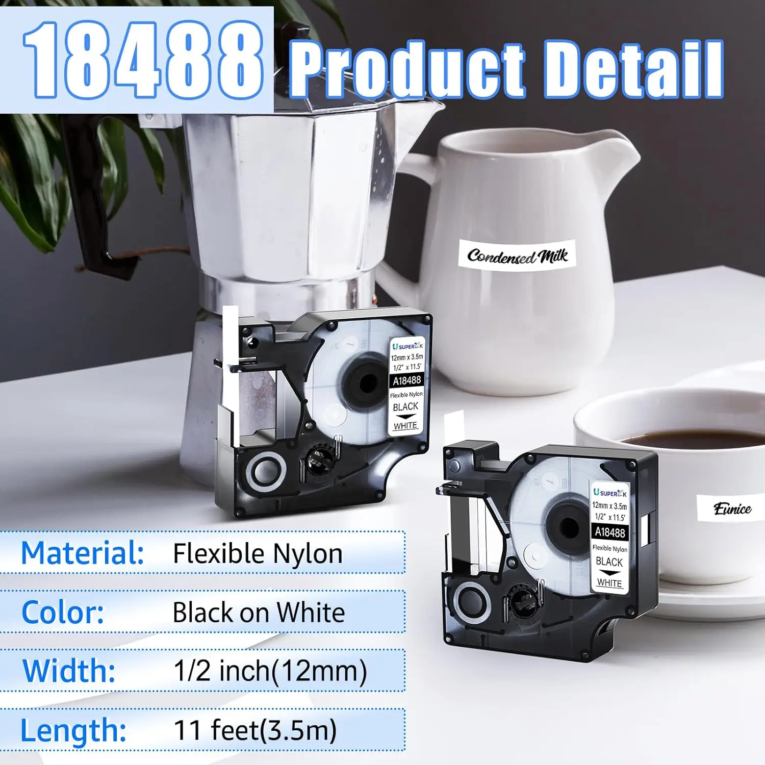 3/5/10PK A18488 Flexible Nylon Tapes for DYMO 18488 18490 12/19mm Black on White Label Compatible for Dymo Rhino 4200 5200 6000