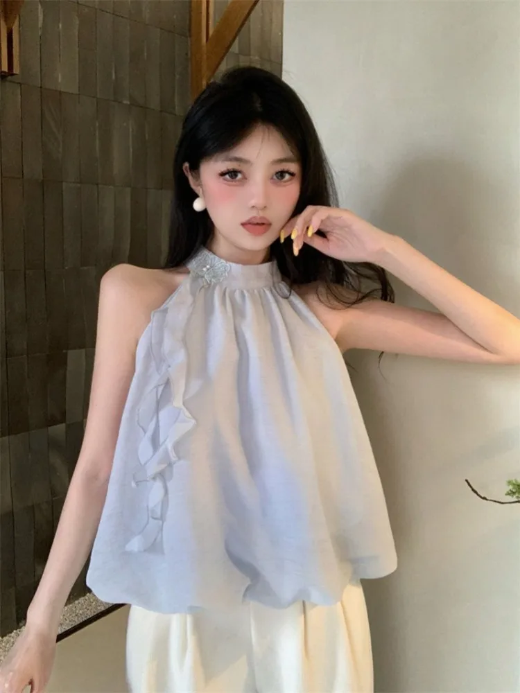 American Style Unique Chic Design Shoulder Bared Necktie Slimming Fairy Atmosphere Sleeveless Top for Women Sweet Style Loose...